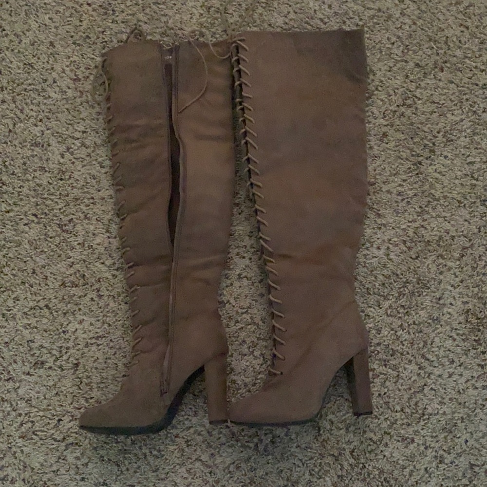 Tan lace up over the knee boots